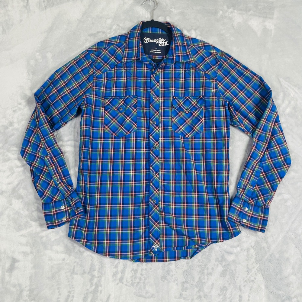 Wrangler 20X Western Snap Shirt Mens Large Blue Plaid Long Sleeve Cotton